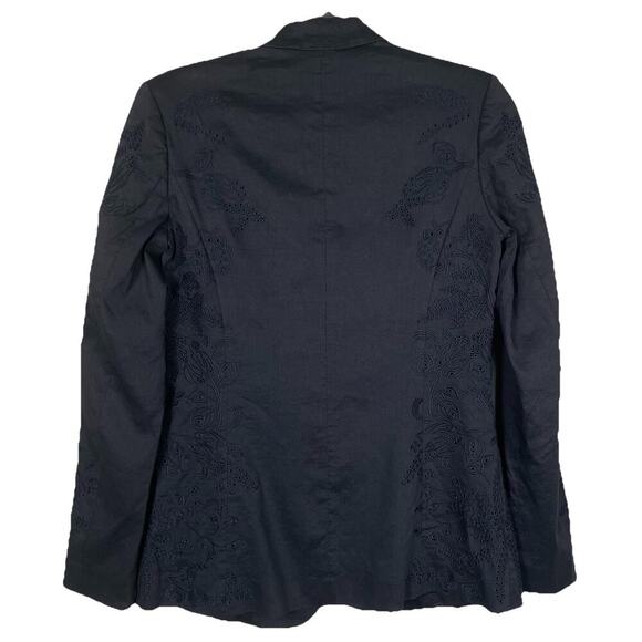 Elie Tahari Linen Blend Blazer Jacket Size 4 Navy Embroidered Eyelet Career Boho - Picture 2 of 11